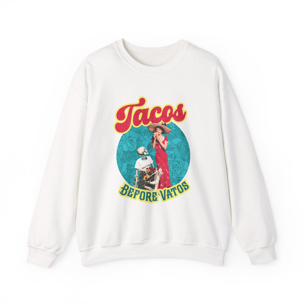 Tacos Before Vatos red crewneck - retro Mexican food humor chicana sweatshirt