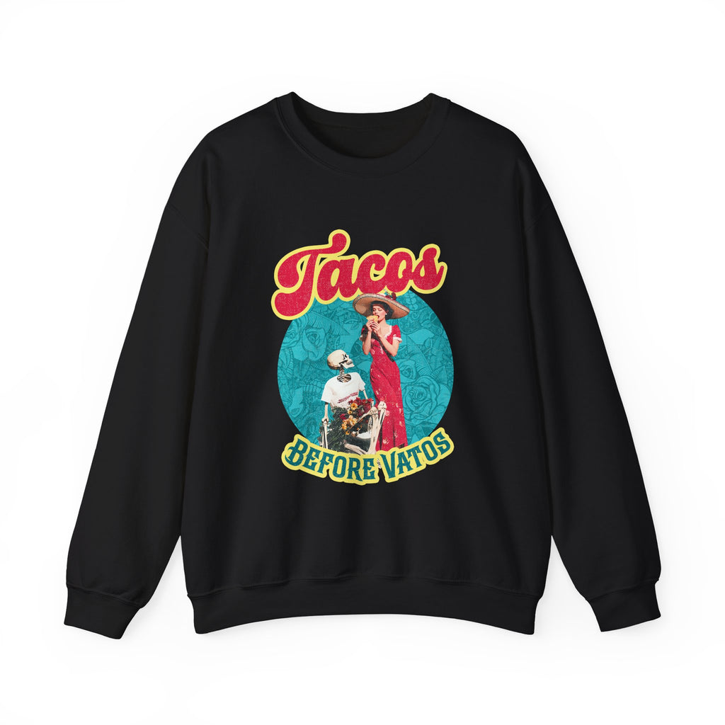 Vintage taco graphic crewneck in white - Tacos Before Vatos Latina foodie pullover