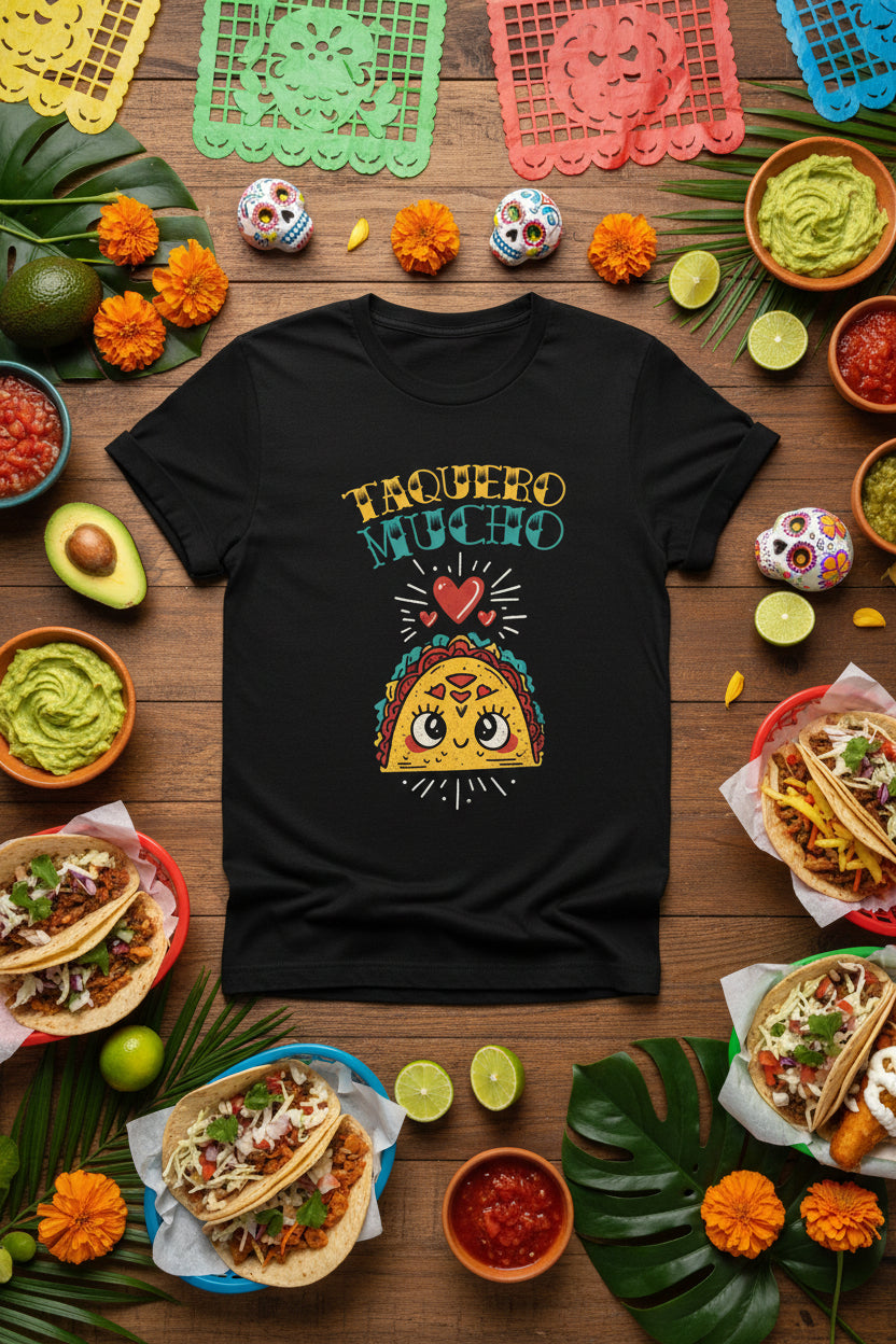 Taquero Mucho black heather tee - bold Mexican streetwear taco humor shirt