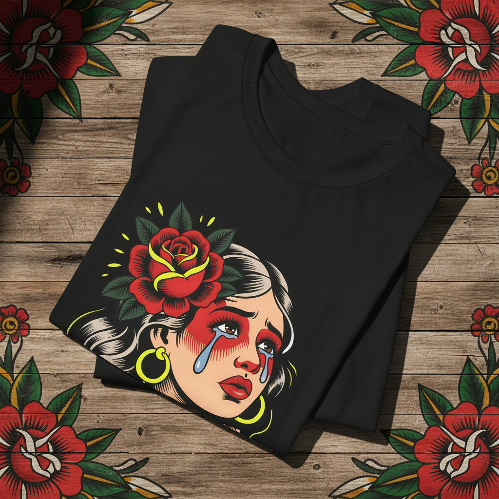 vintage illustration of a crying woman with a rose and the Spanish phrase Todo Bien Ya Lloré.