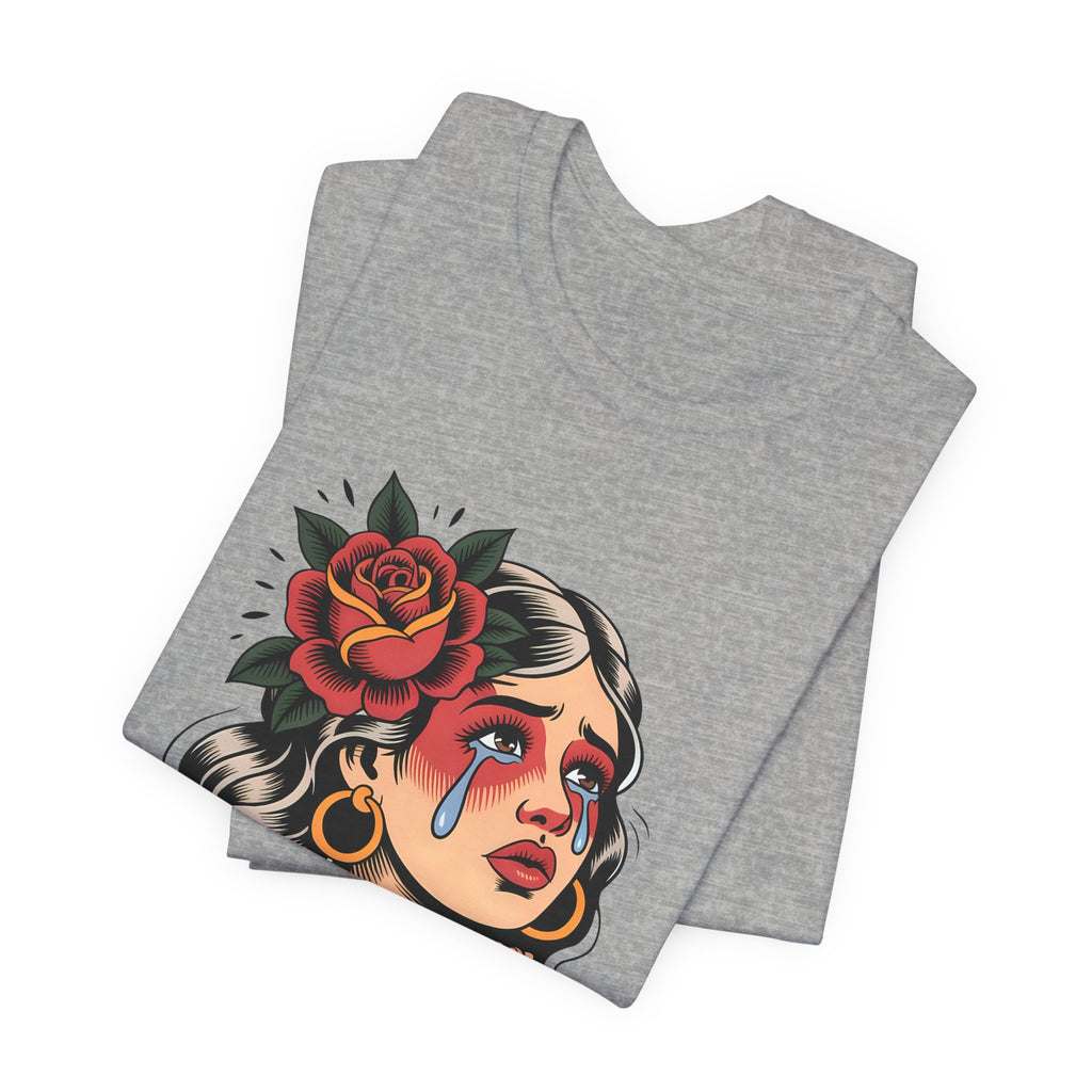 Gray t-shirt featuring a vintage illustration of a crying woman with a rose and the Spanish phrase Todo Bien Ya Lloré.