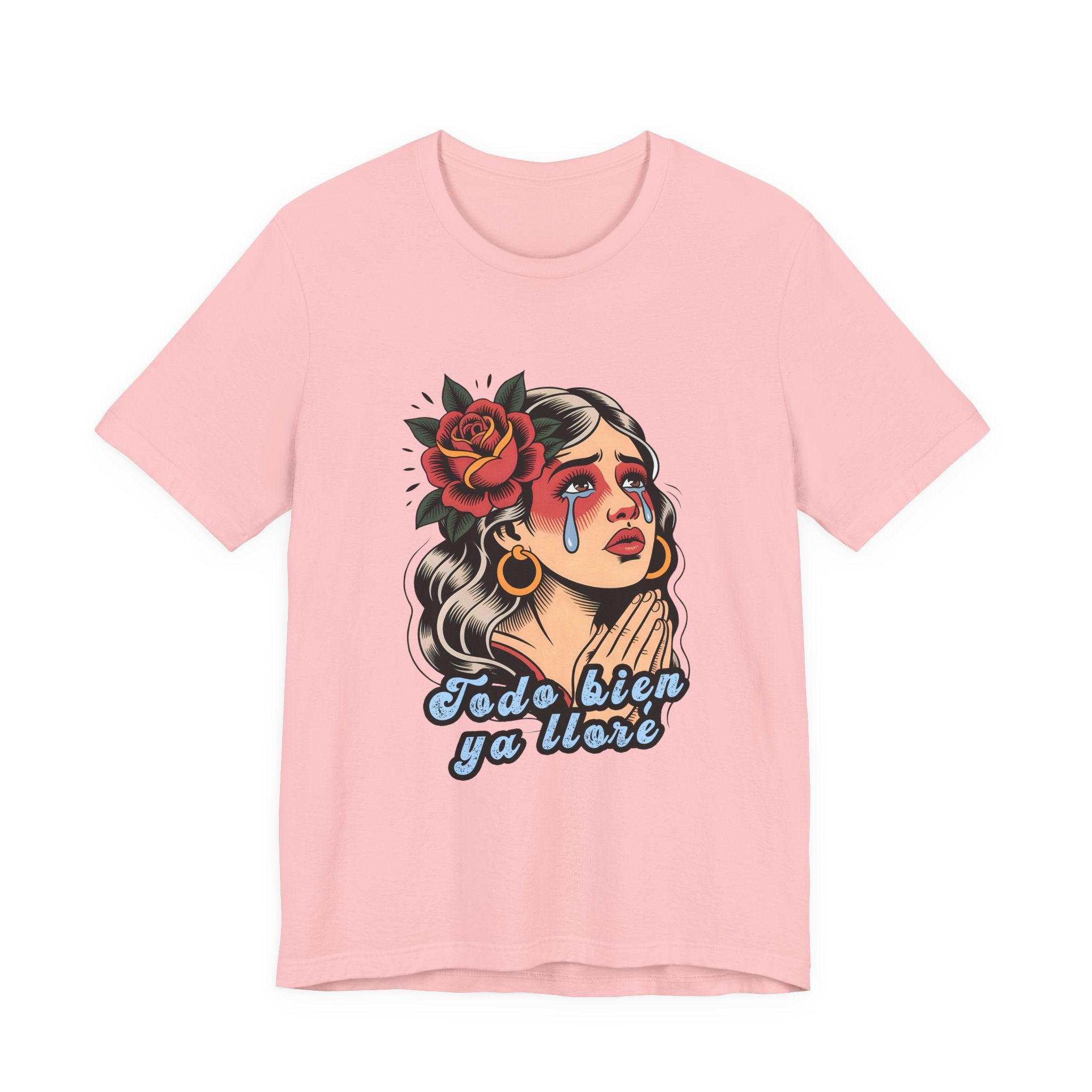 Black t-shirt featuring a vintage illustration of a crying woman with a rose and the Spanish phrase Todo Bien Ya Lloré.