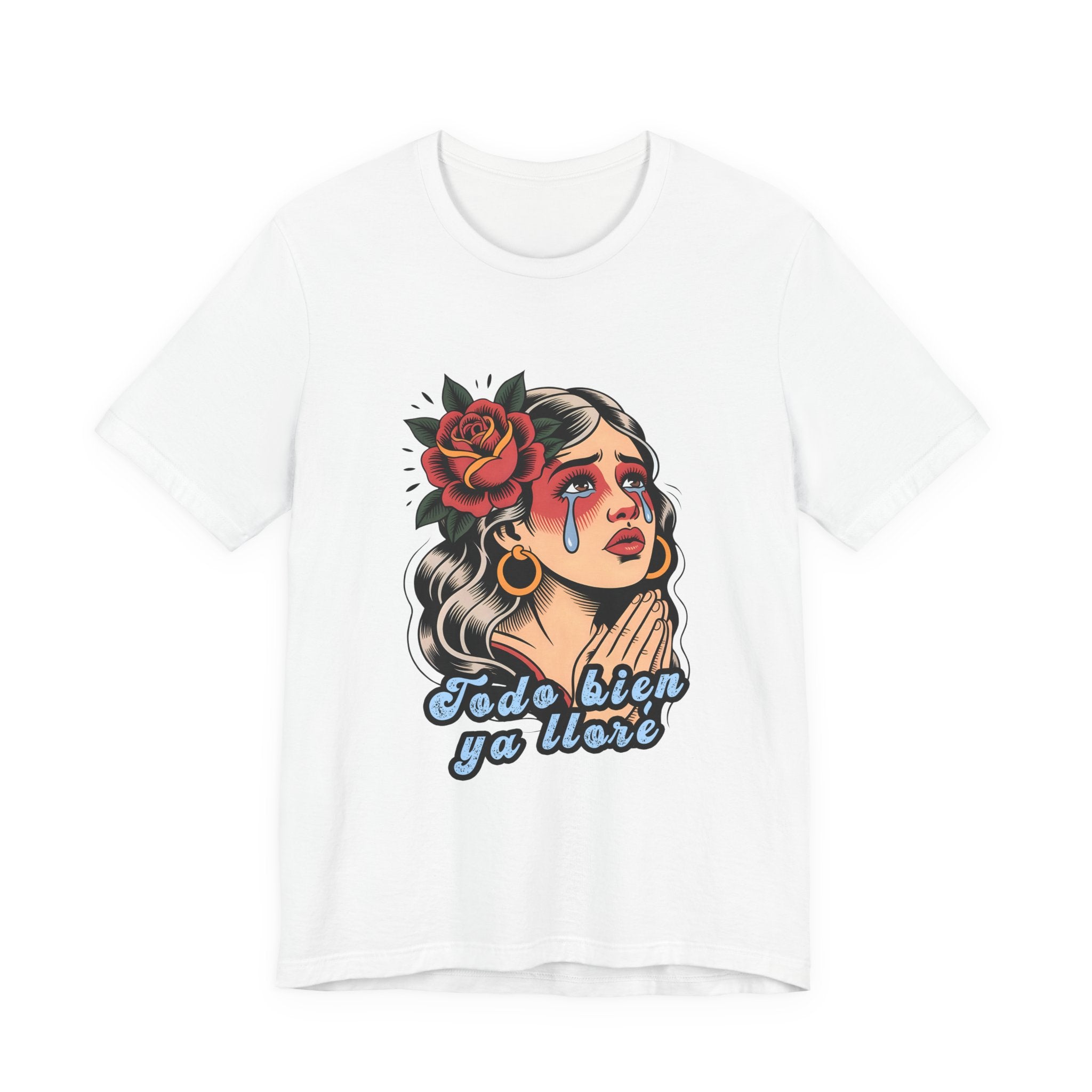 Black t-shirt featuring a vintage illustration of a crying woman with a rose and the Spanish phrase Todo Bien Ya Lloré.