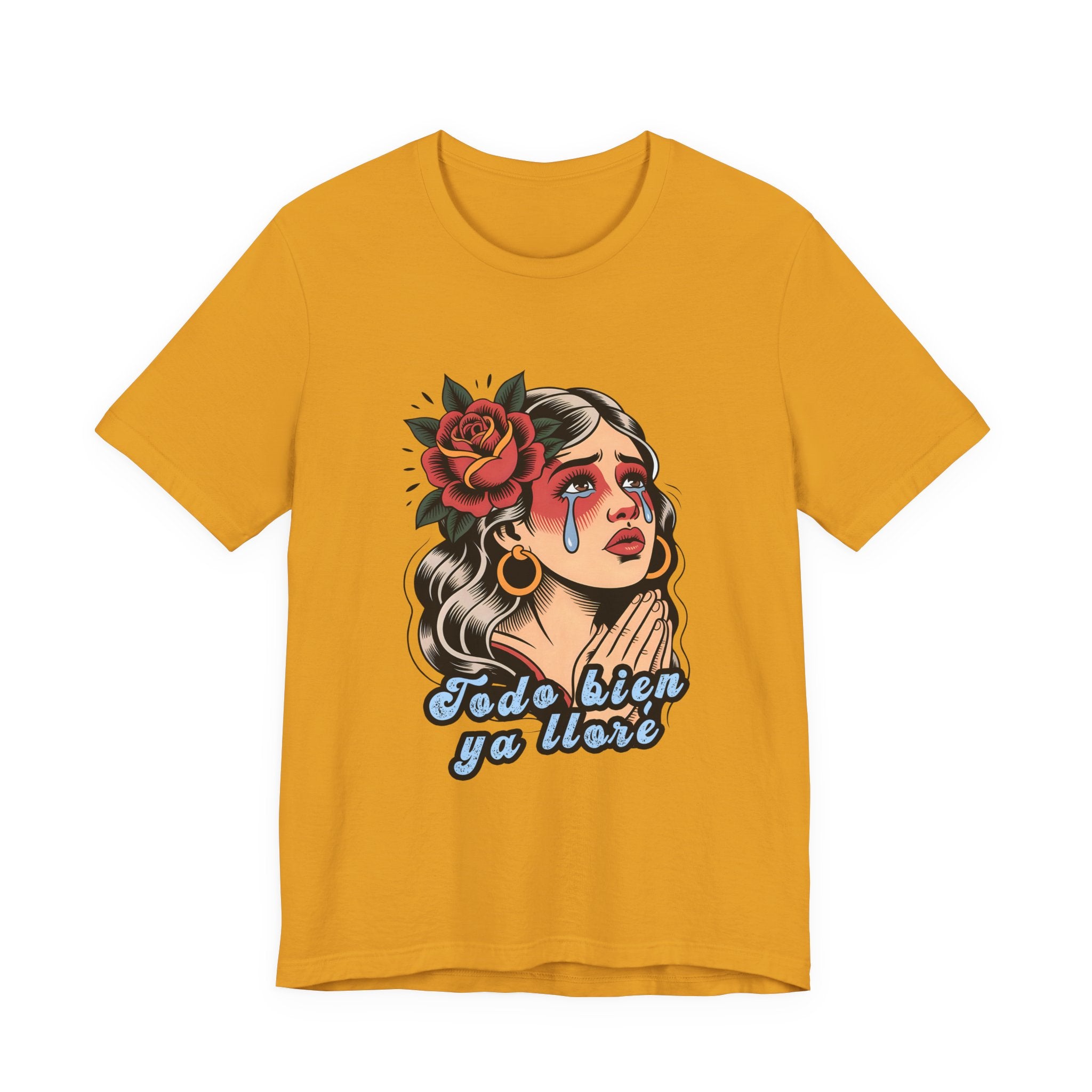 Black t-shirt featuring a vintage illustration of a crying woman with a rose and the Spanish phrase Todo Bien Ya Lloré.