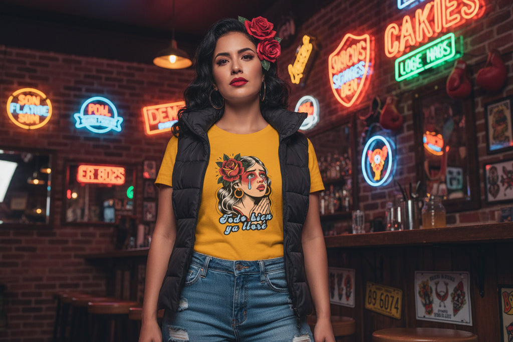 Mustard t-shirt featuring a vintage illustration of a crying woman with a rose and the Spanish phrase Todo Bien Ya Lloré.