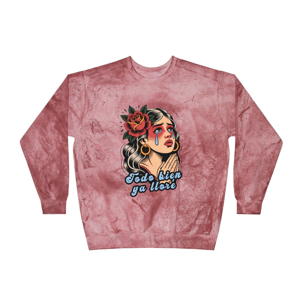 Vintage crew-neck sweatshirt featuring a retro tattoo design of a woman shedding a single tear and the phrase “It’s okay, I’ve already cried.