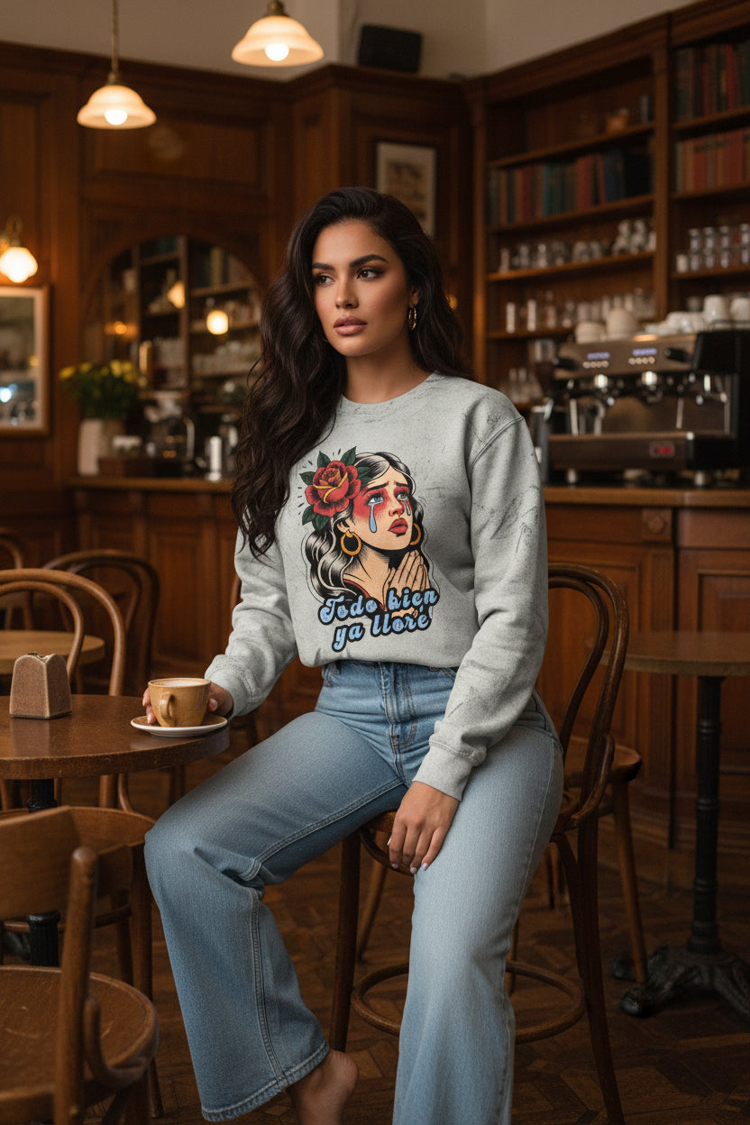 Vintage crew-neck sweatshirt featuring a retro tattoo design of a woman shedding a single tear and the phrase “It’s okay, I’ve already cried.
