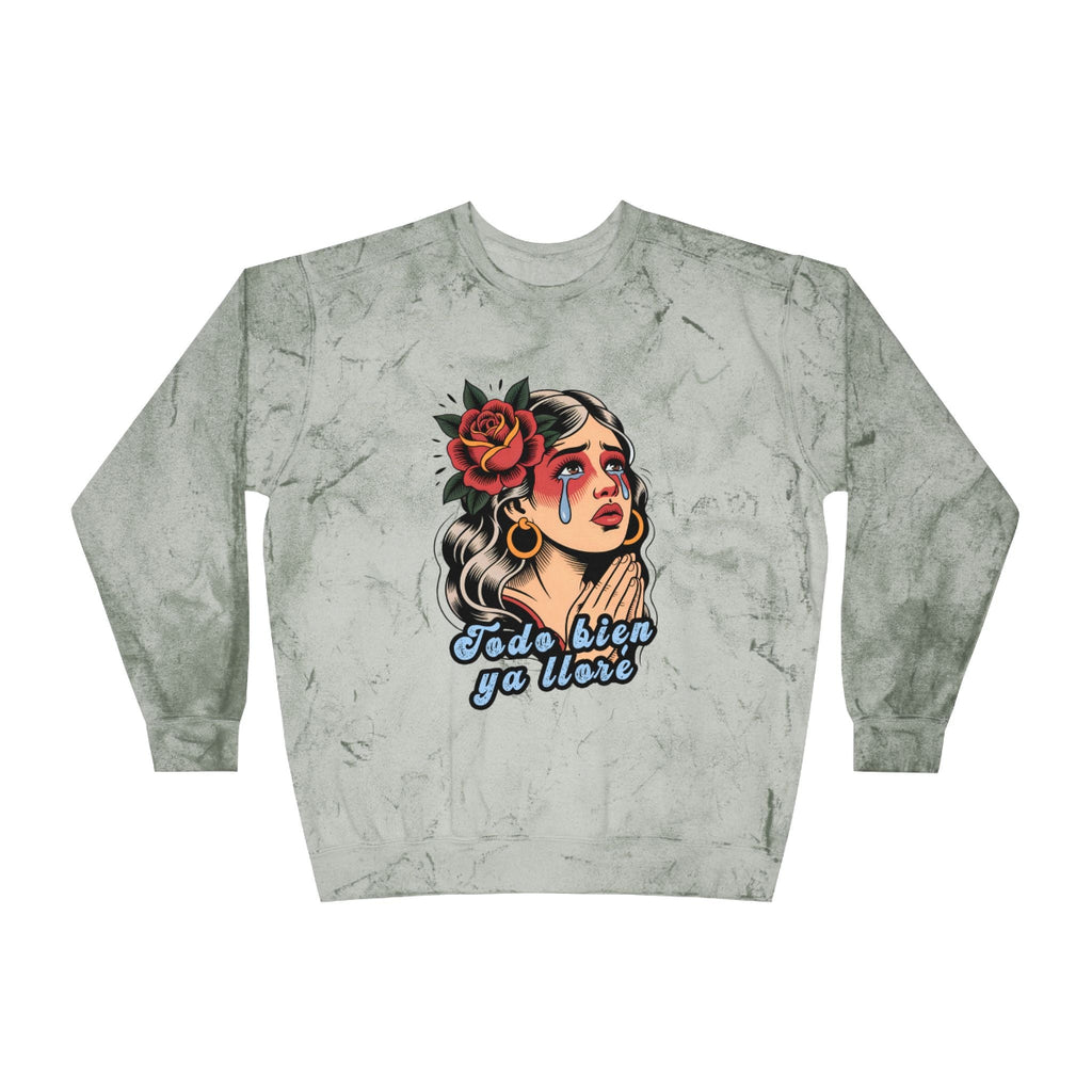 Vintage crew-neck sweatshirt featuring a retro tattoo design of a woman shedding a single tear and the phrase “It’s okay, I’ve already cried.