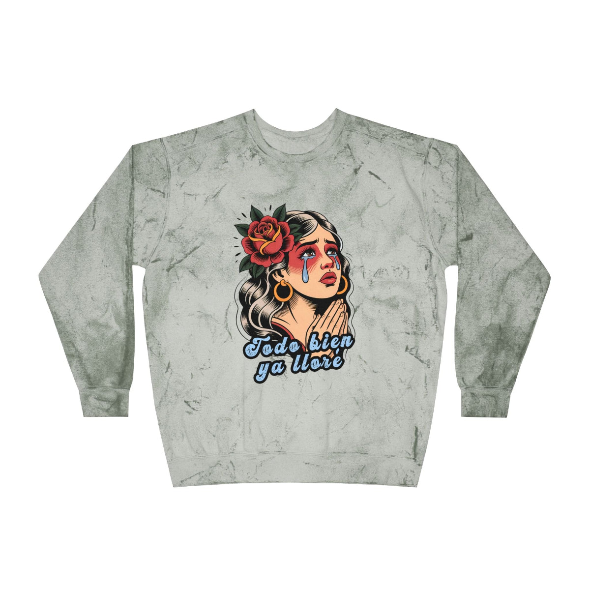 Vintage crew-neck sweatshirt featuring a retro tattoo design of a woman shedding a single tear and the phrase “It’s okay, I’ve already cried.