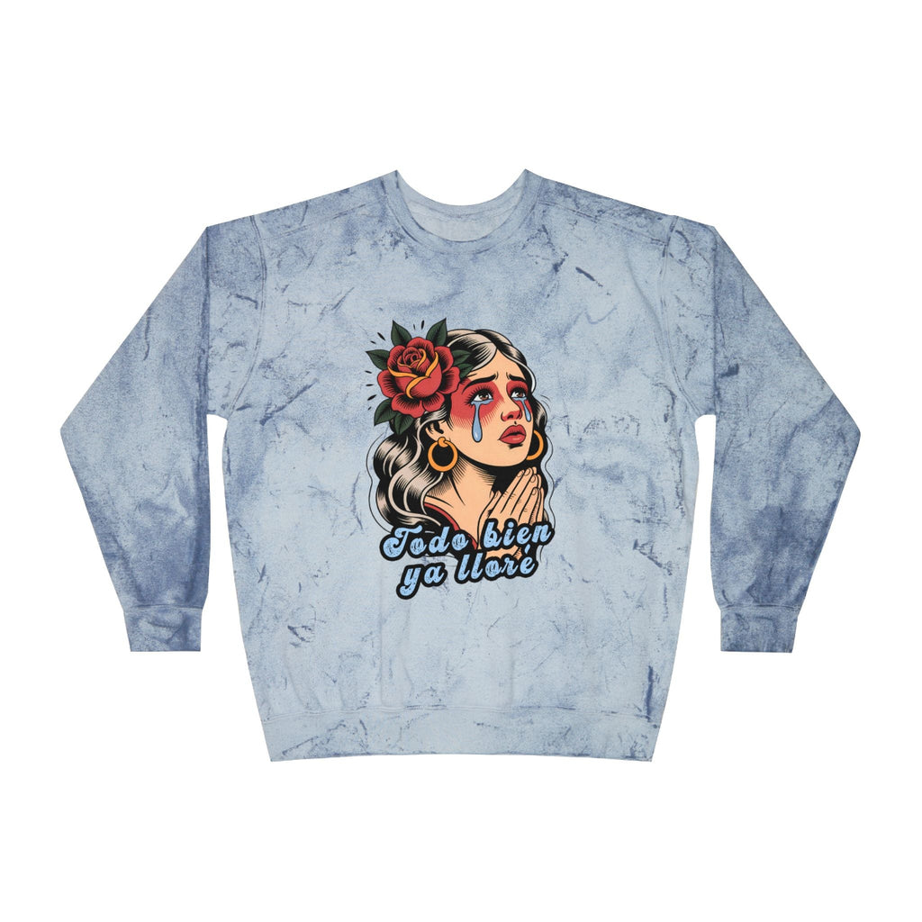 Vintage crew-neck sweatshirt featuring a retro tattoo design of a woman shedding a single tear and the phrase “It’s okay, I’ve already cried.