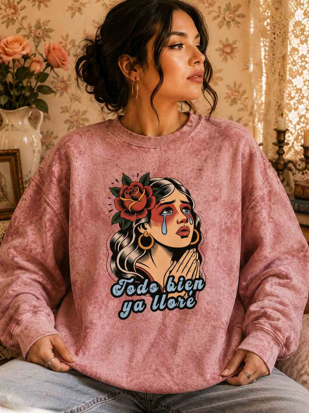 Vintage crew-neck sweatshirt featuring a retro tattoo design of a woman shedding a single tear and the phrase “It’s okay, I’ve already cried.