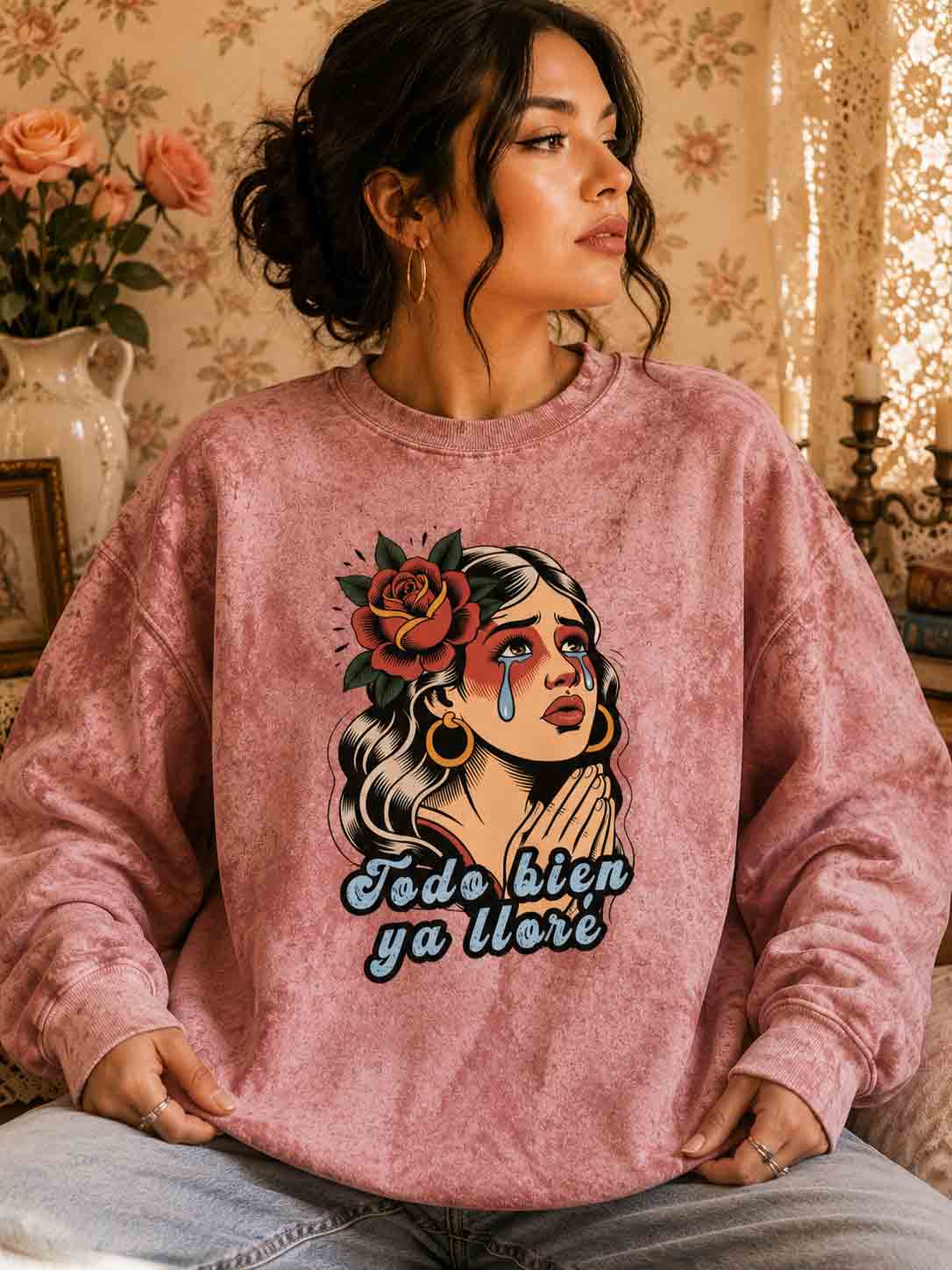Vintage crew-neck sweatshirt featuring a retro tattoo design of a woman shedding a single tear and the phrase “It’s okay, I’ve already cried.