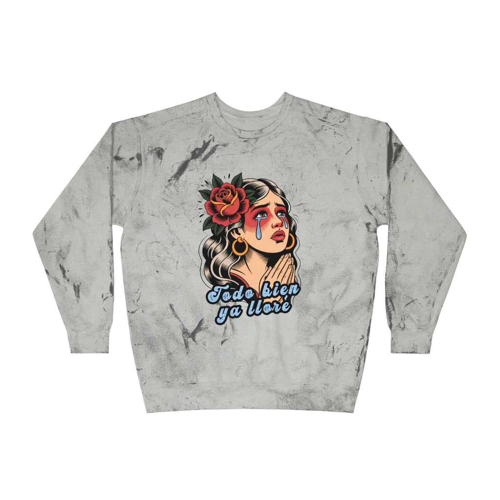 Vintage crew-neck sweatshirt featuring a retro tattoo design of a woman shedding a single tear and the phrase “It’s okay, I’ve already cried.”