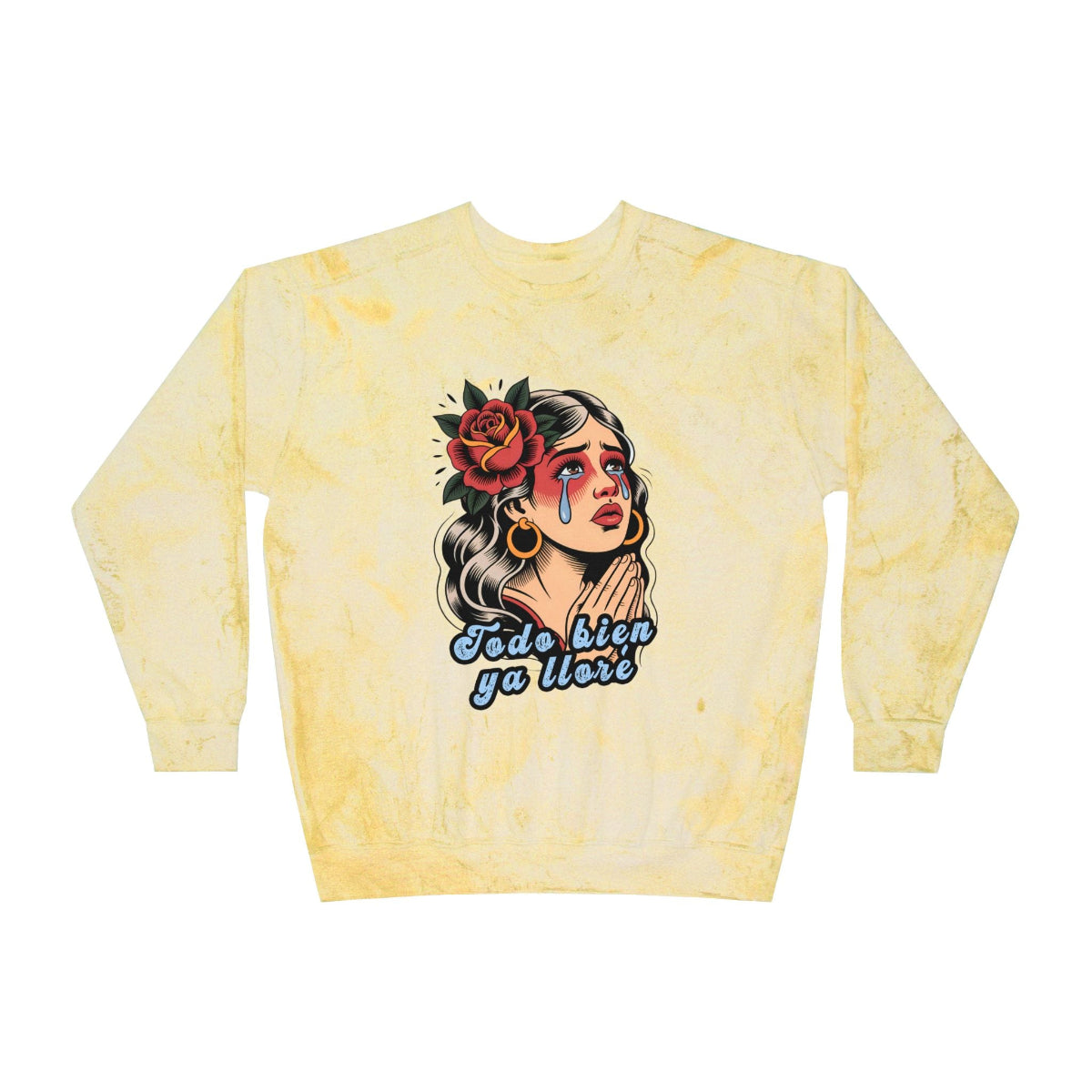 Vintage crew-neck sweatshirt featuring a retro tattoo design of a woman shedding a single tear and the phrase “It’s okay, I’ve already cried.”