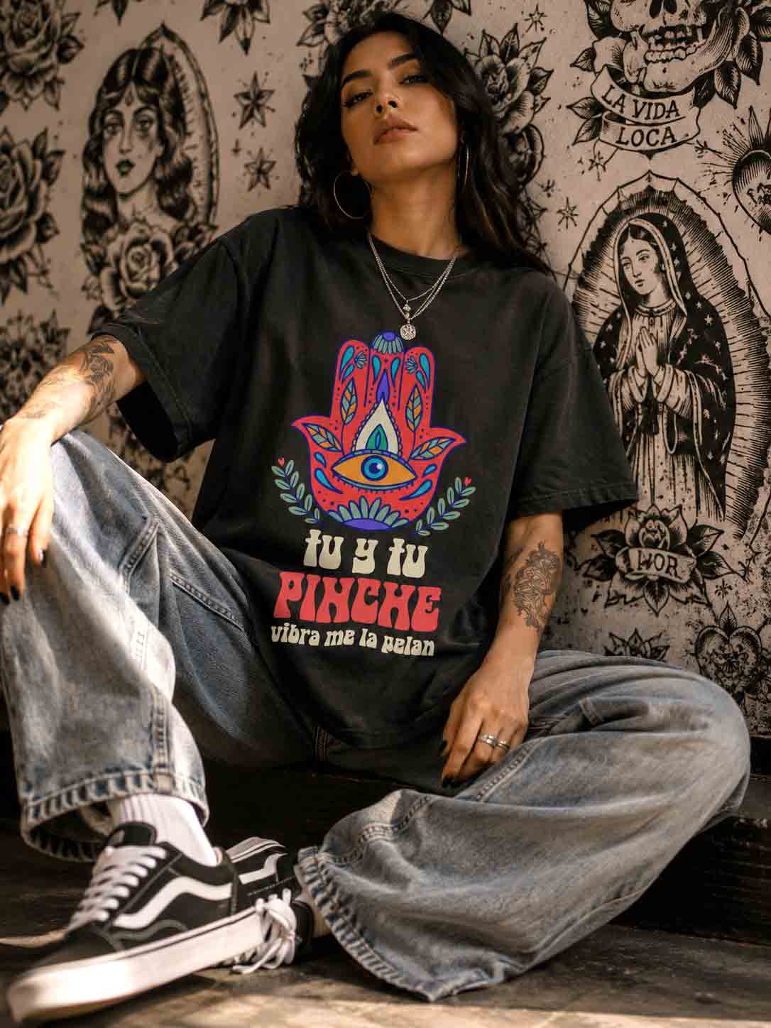 "Tu y Tu Pinche Vibra" Hamsa Eye T-Shirt | Latina Floral Style