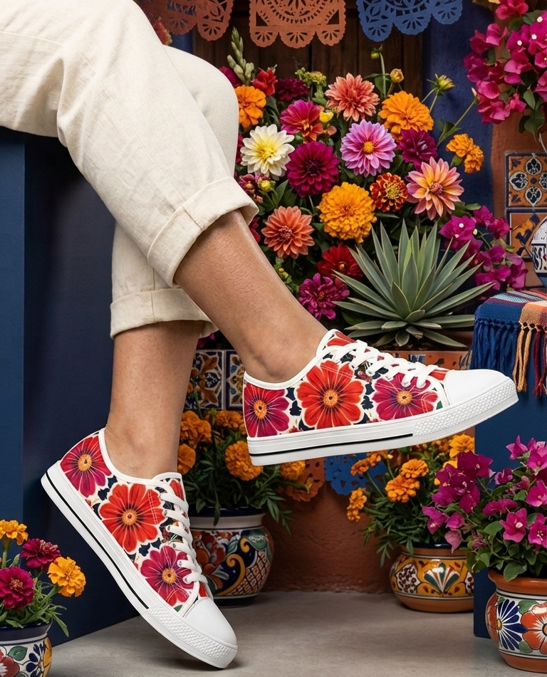 Red retro daisy low-top sneakers side view - bold floral canvas women's shoes white sole