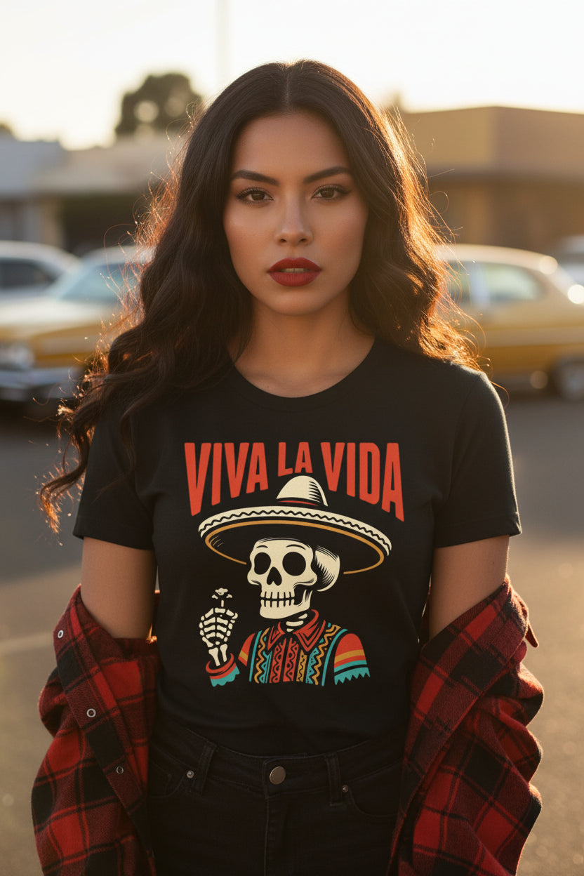 Day of Dead skull serape tee for Latinas - Viva La Vida Bella Canvas chicana gift shirt