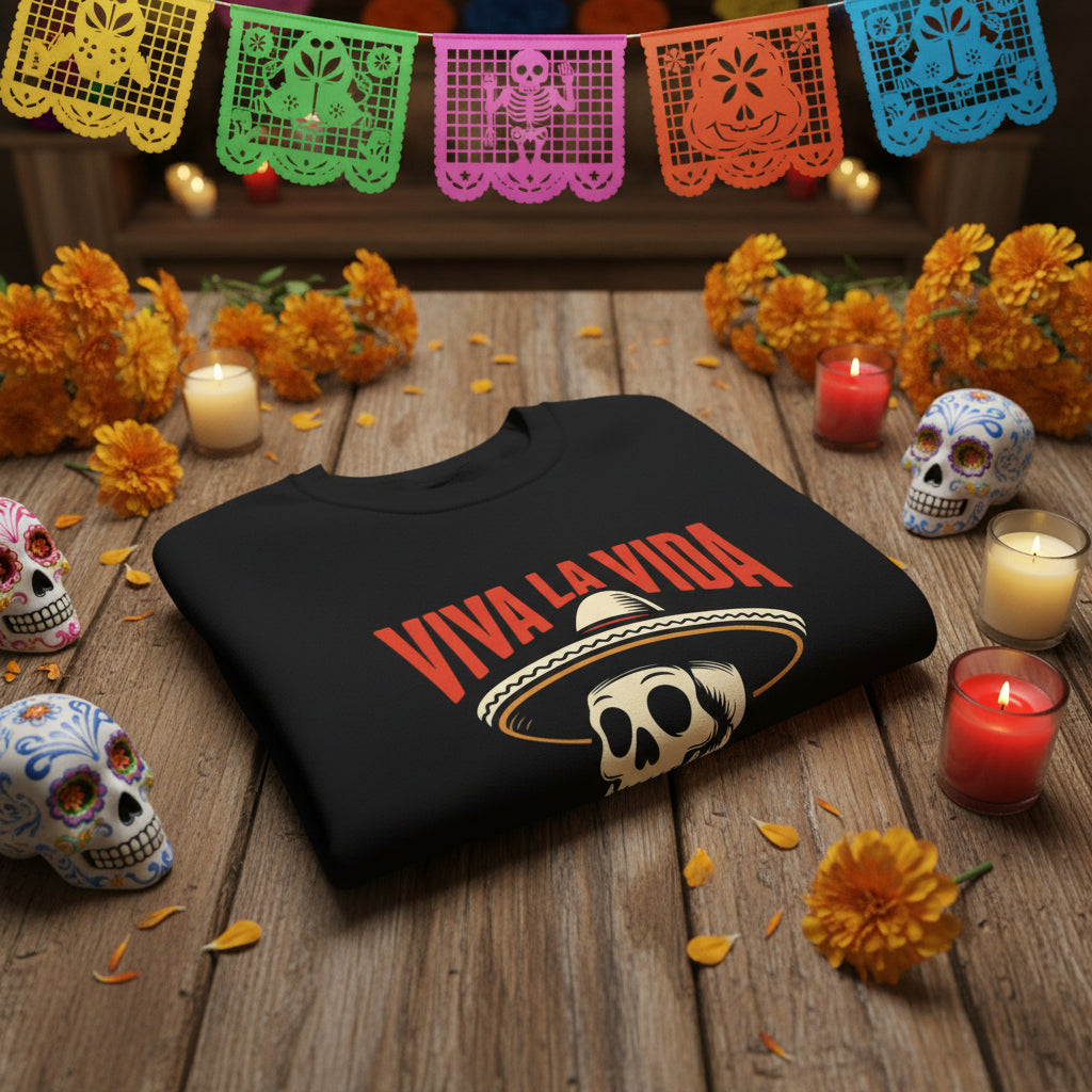 Viva La Vida Day of Dead graphic sweatshirt - retro calavera sombrero chicana crewneck
