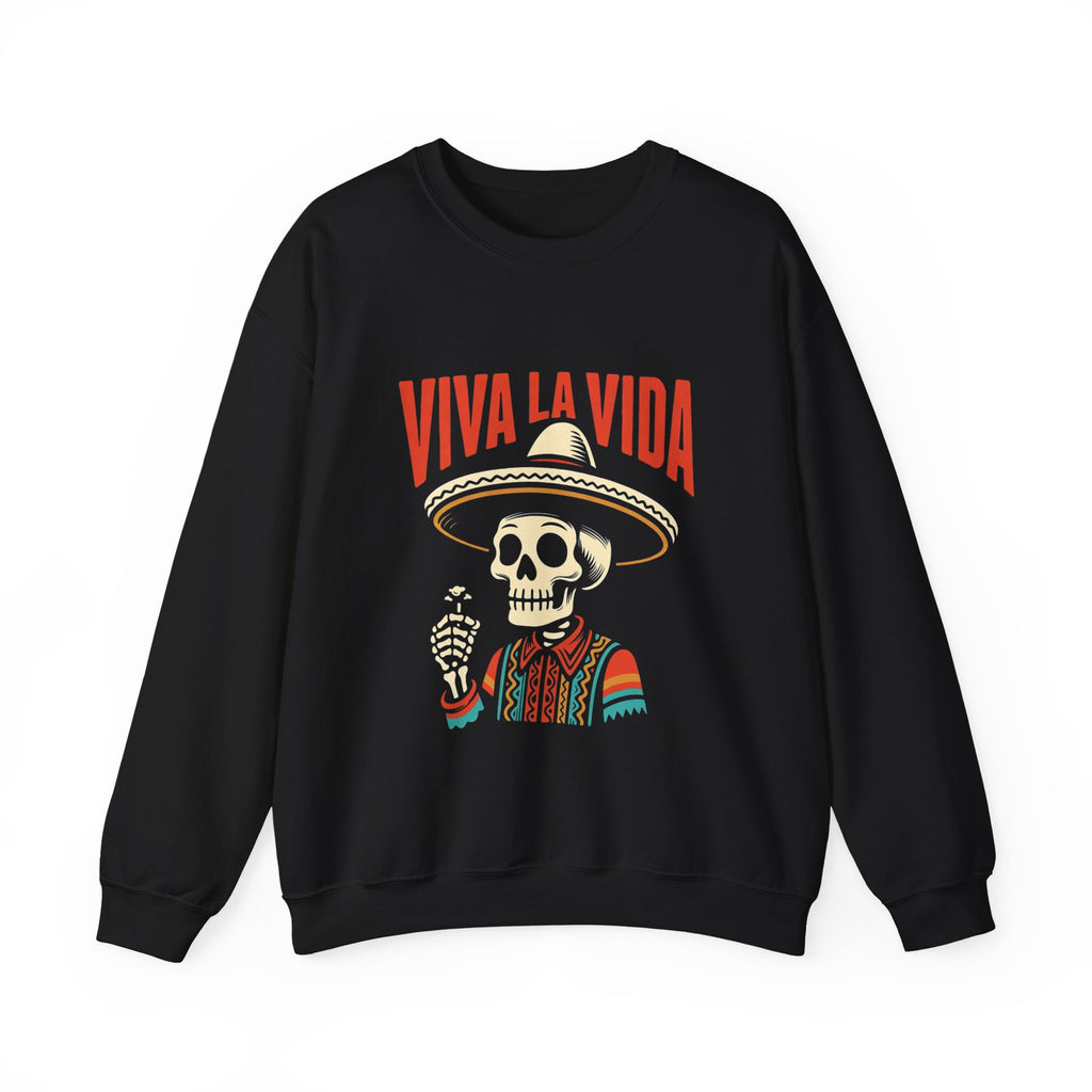 Viva La Vida crewneck sweatshirt black - Day of Dead skull sombrero serape Latina pullover