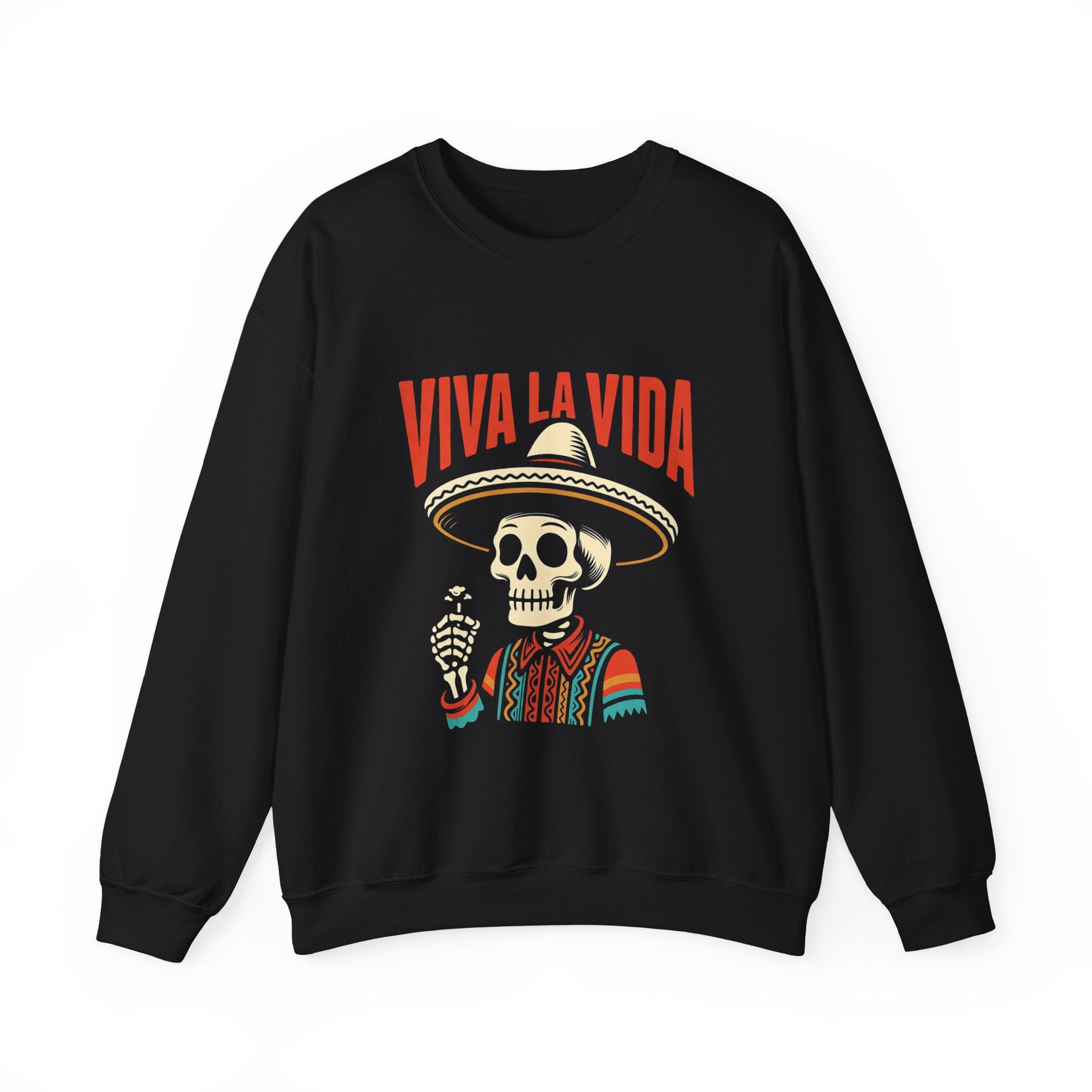 Viva La Vida crewneck sweatshirt black - Day of Dead skull sombrero serape Latina pullover