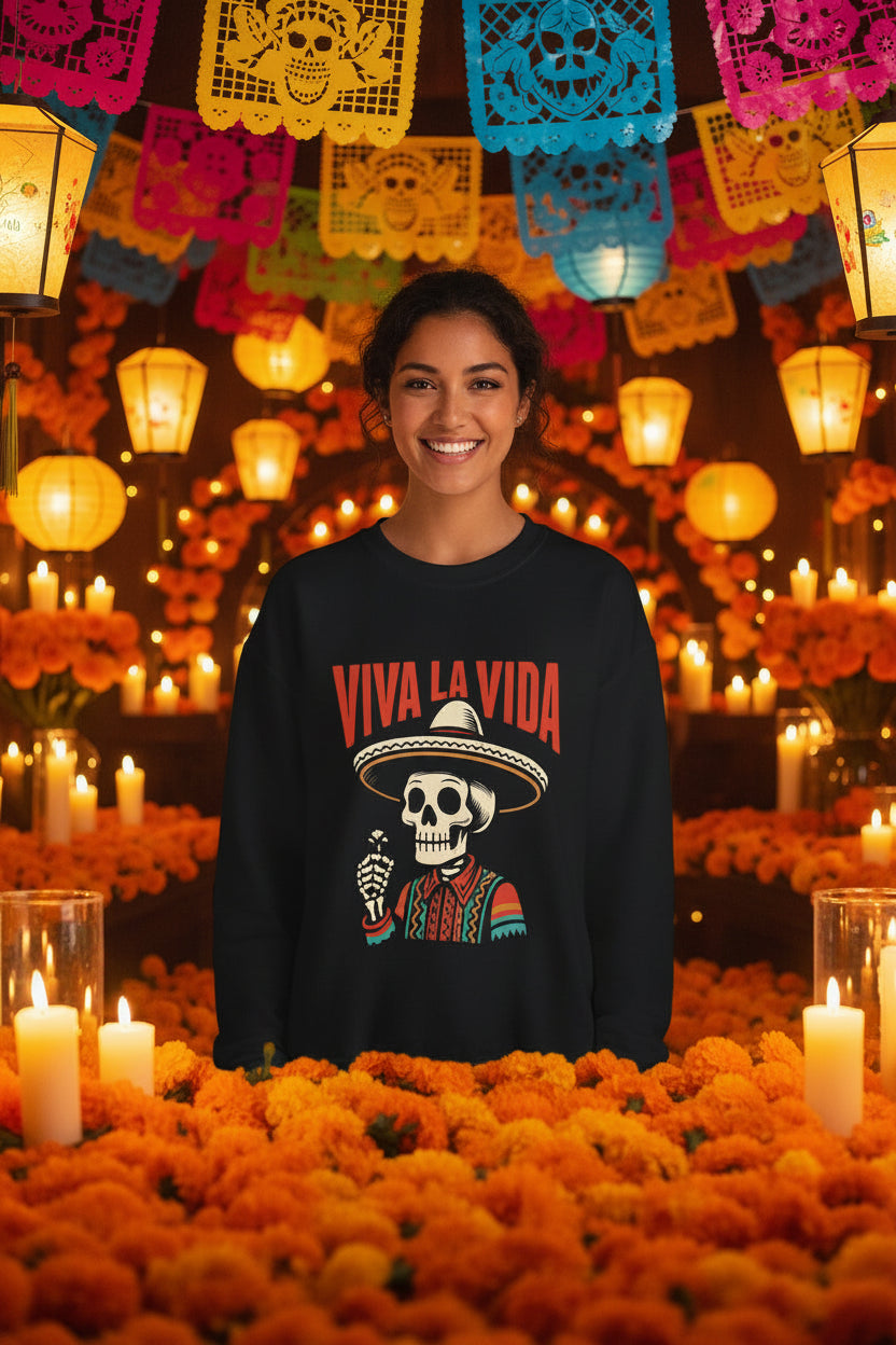 Dia de Muertos skull sombrero serape pullover black - Viva La Vida Latina gift sweatshirt