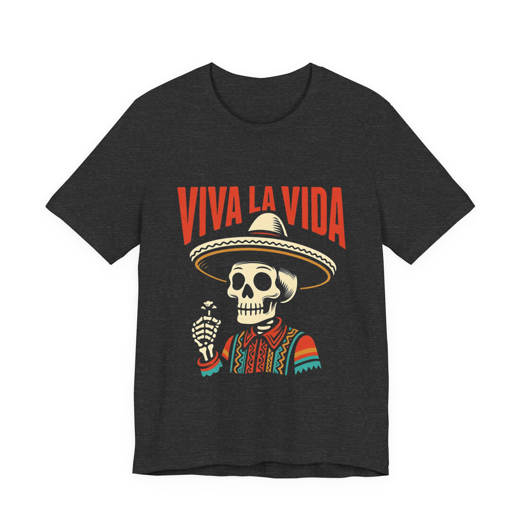 Viva La Vida black heather tee - vintage Mexican skull sombrero celebration graphic tee